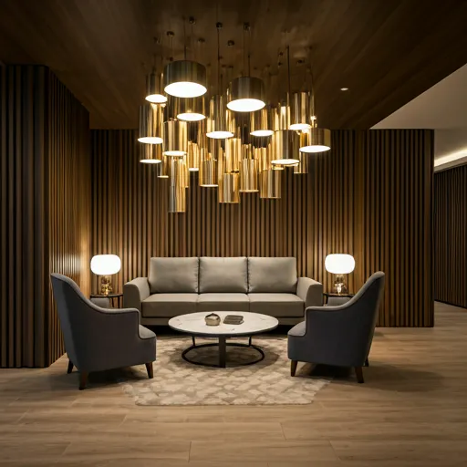 Vestíbulo de hotel sofisticado con iluminación moderna y mobiliario de alta gama en un entorno corporativo sereno